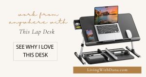 Adjustable black lap desk with laptop and phone placed side-by-side, styled for home workspace